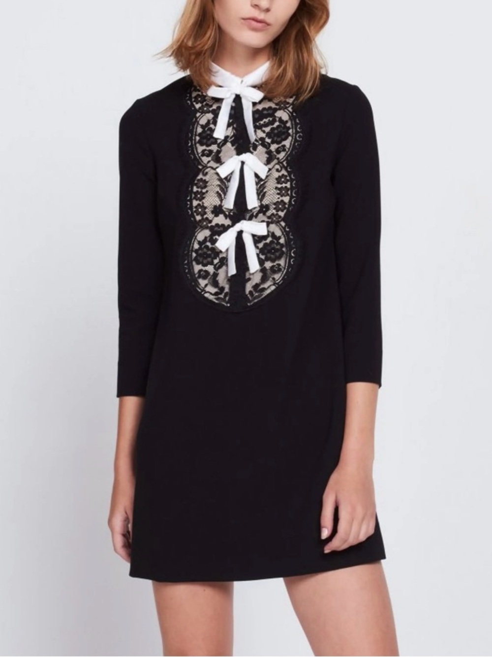 Sandro Delfina Black Lace Bib Shift Dress Mod Bow Collar Coquette Formal Wedding
